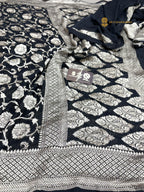 Black Pure Khaddi Georgette Silk handloom Banarasi Saree - Water Zari