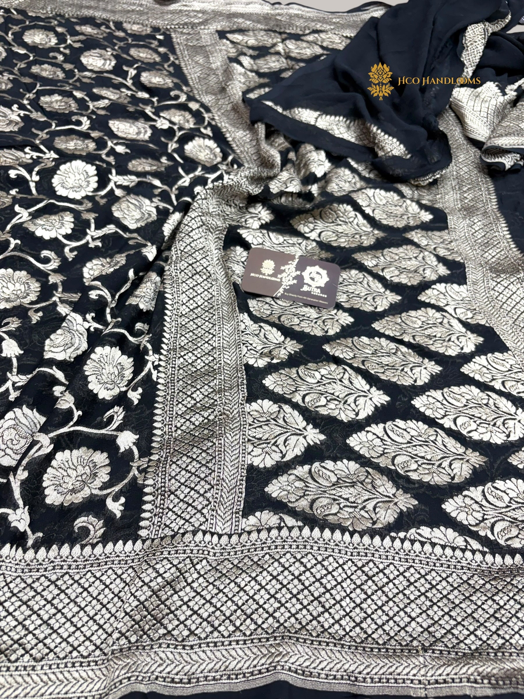 Black Pure Khaddi Georgette Silk handloom Banarasi Saree - Water Zari