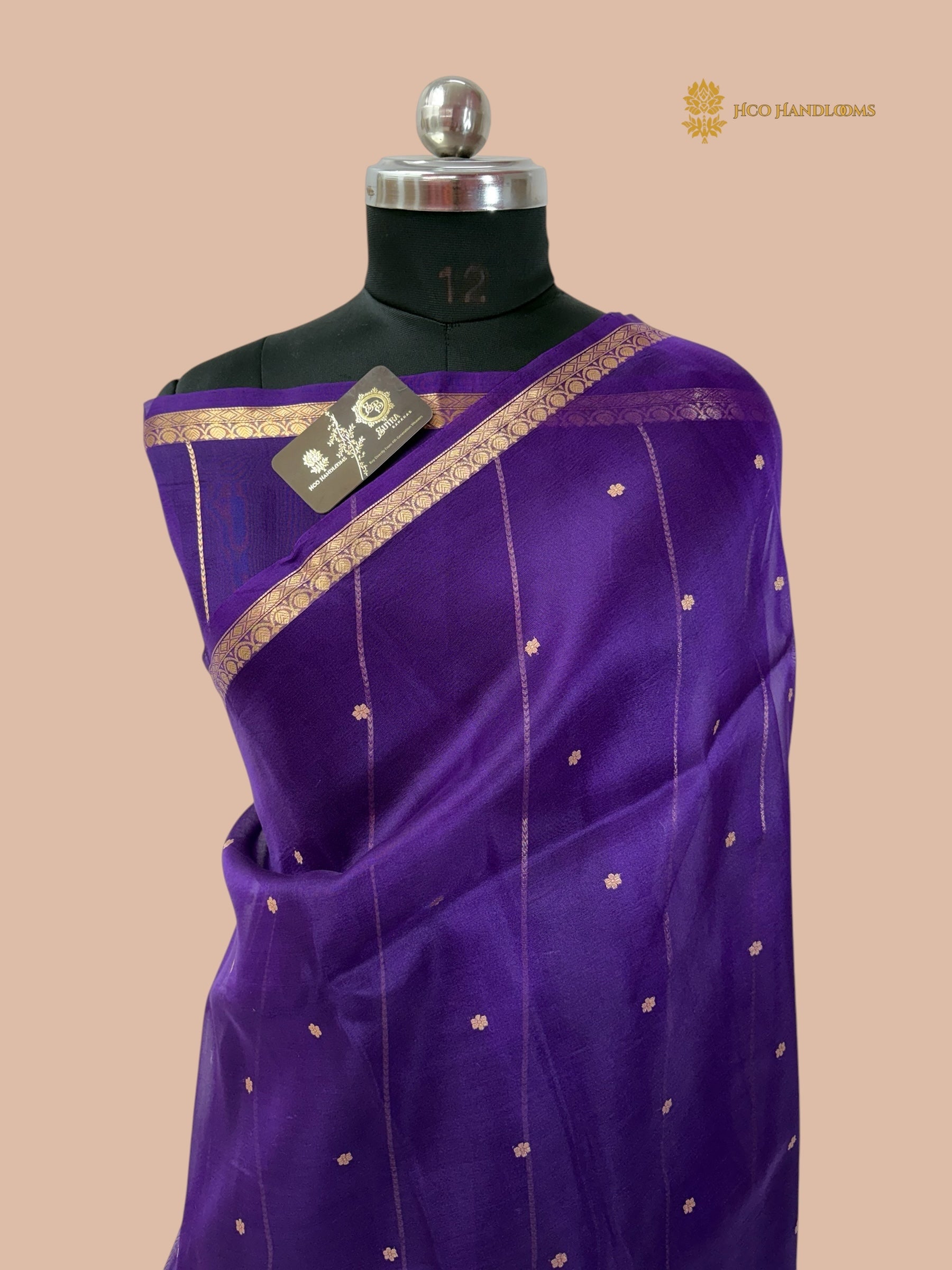 Regal Purple Pure Kora Silk Handloom Banarasi Saree - All Over Small Buti