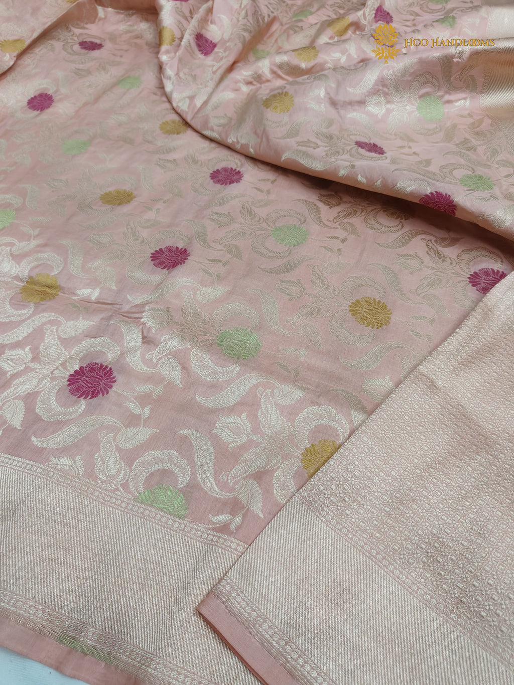 Peach Pure Katan Silk Handloom Banarasi Saree - All Over Meenakari Brocade Jangla