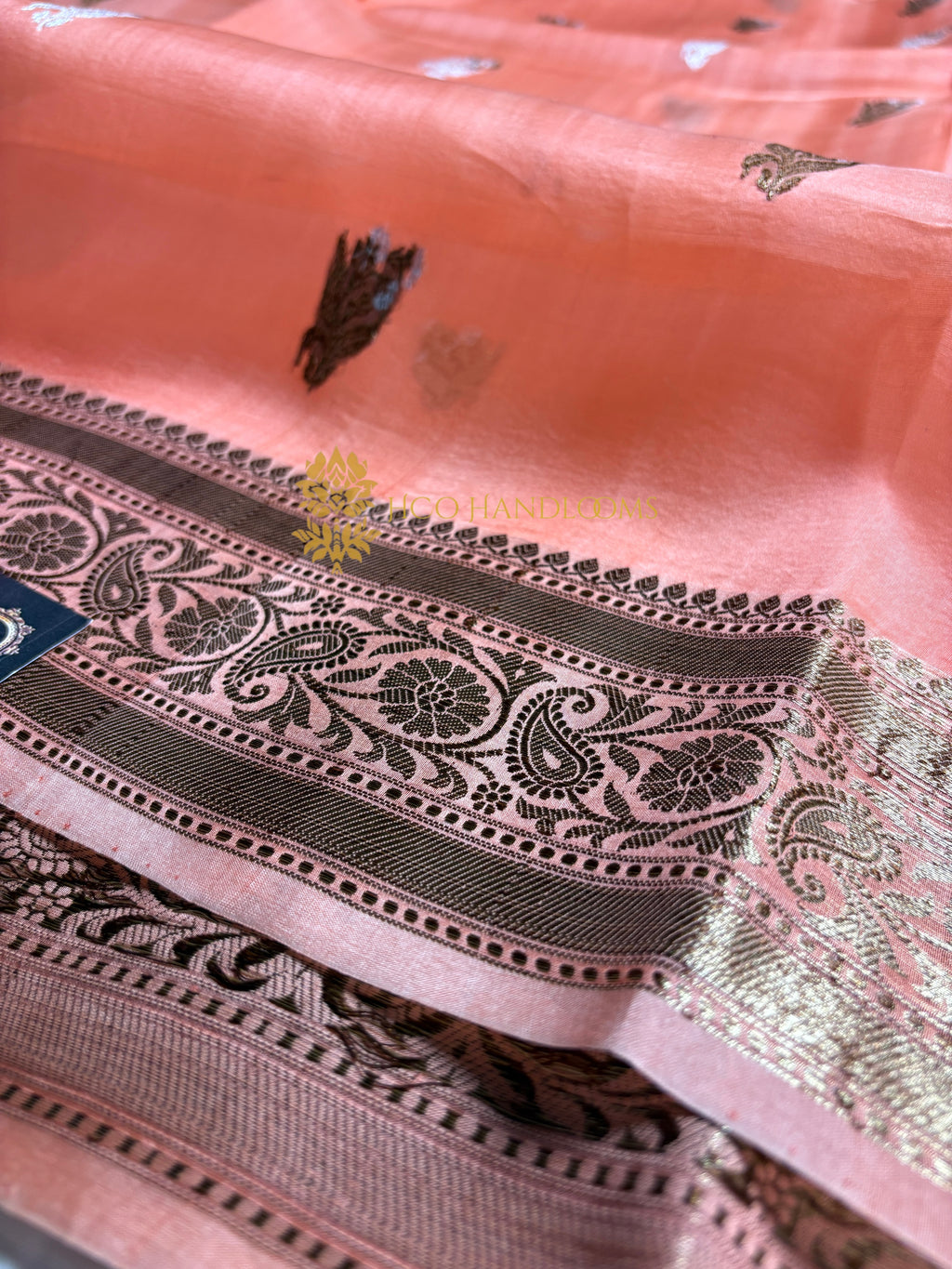 Peach Pure Kora Silk Handloom Banarasi Saree - All Over Kadhua Motifs