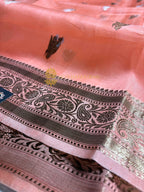 Peach Pure Kora Silk Handloom Banarasi Saree - All Over Kadhua Motifs