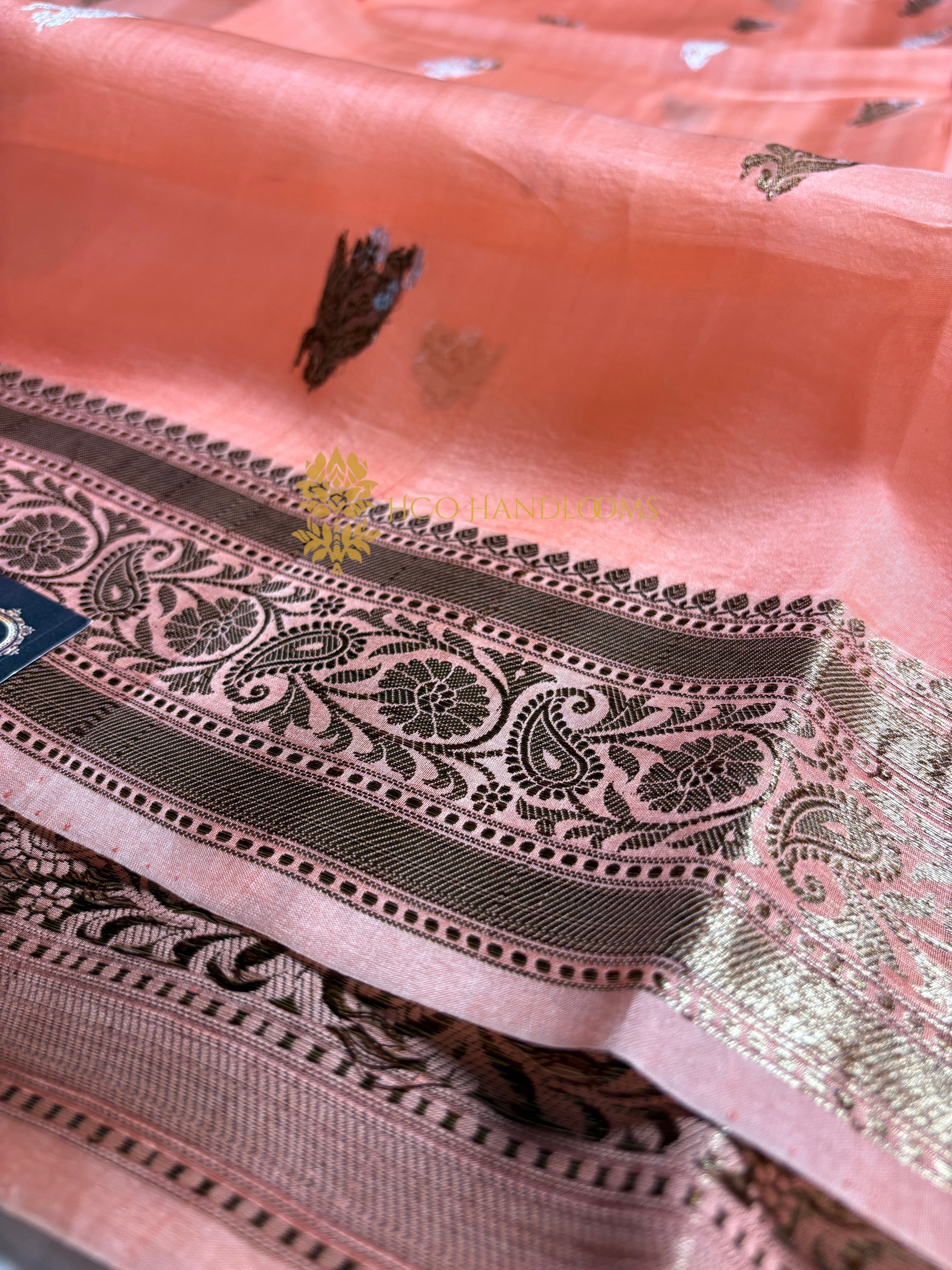 Peach Pure Kora Silk Handloom Banarasi Saree - All Over Kadhua Motifs