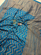 Firozi Pure Khaddi Georgette Handloom Banarasi Saree - Antique Zari