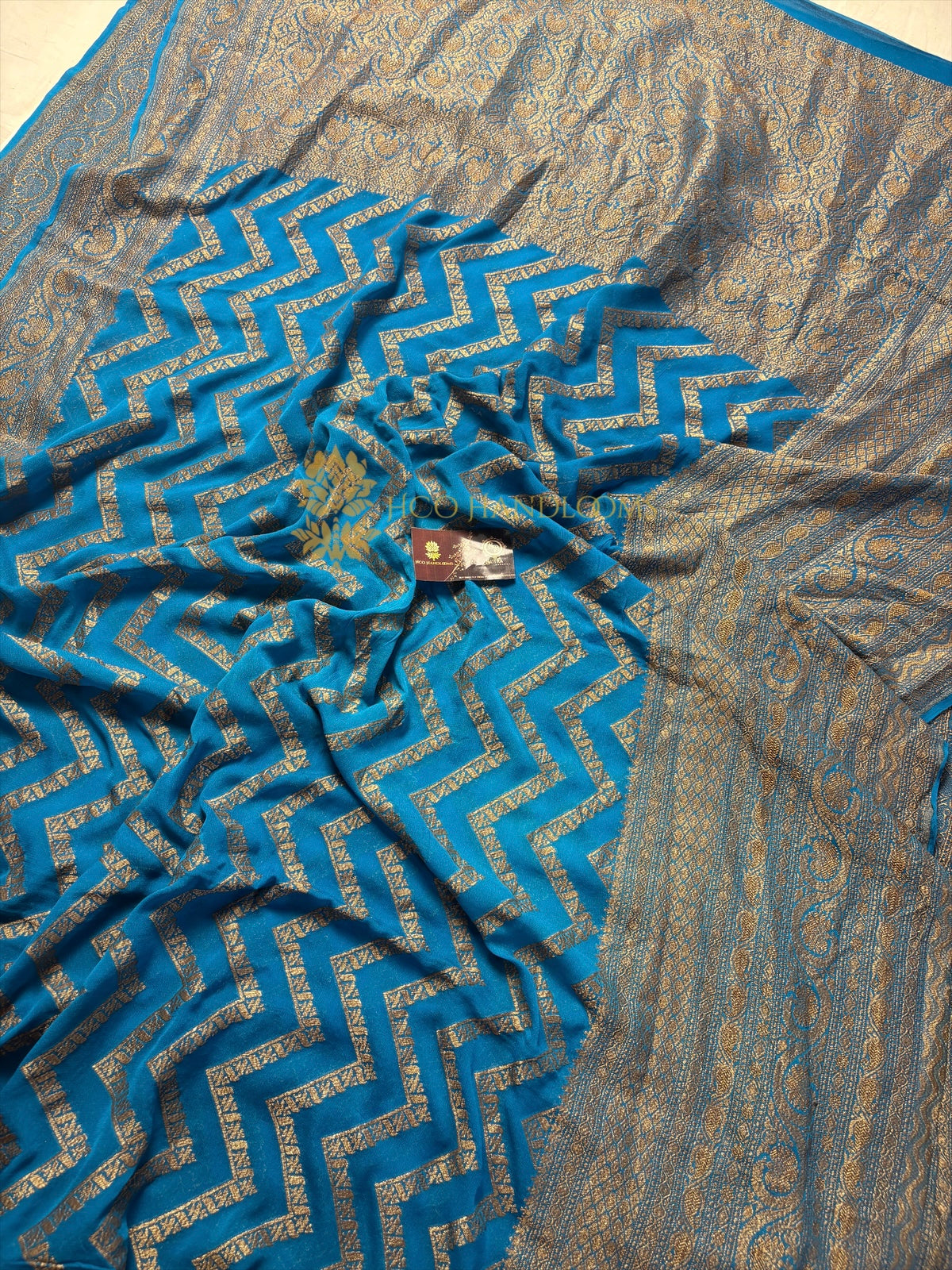 Firozi Pure Khaddi Georgette Handloom Banarasi Saree - Antique Zari