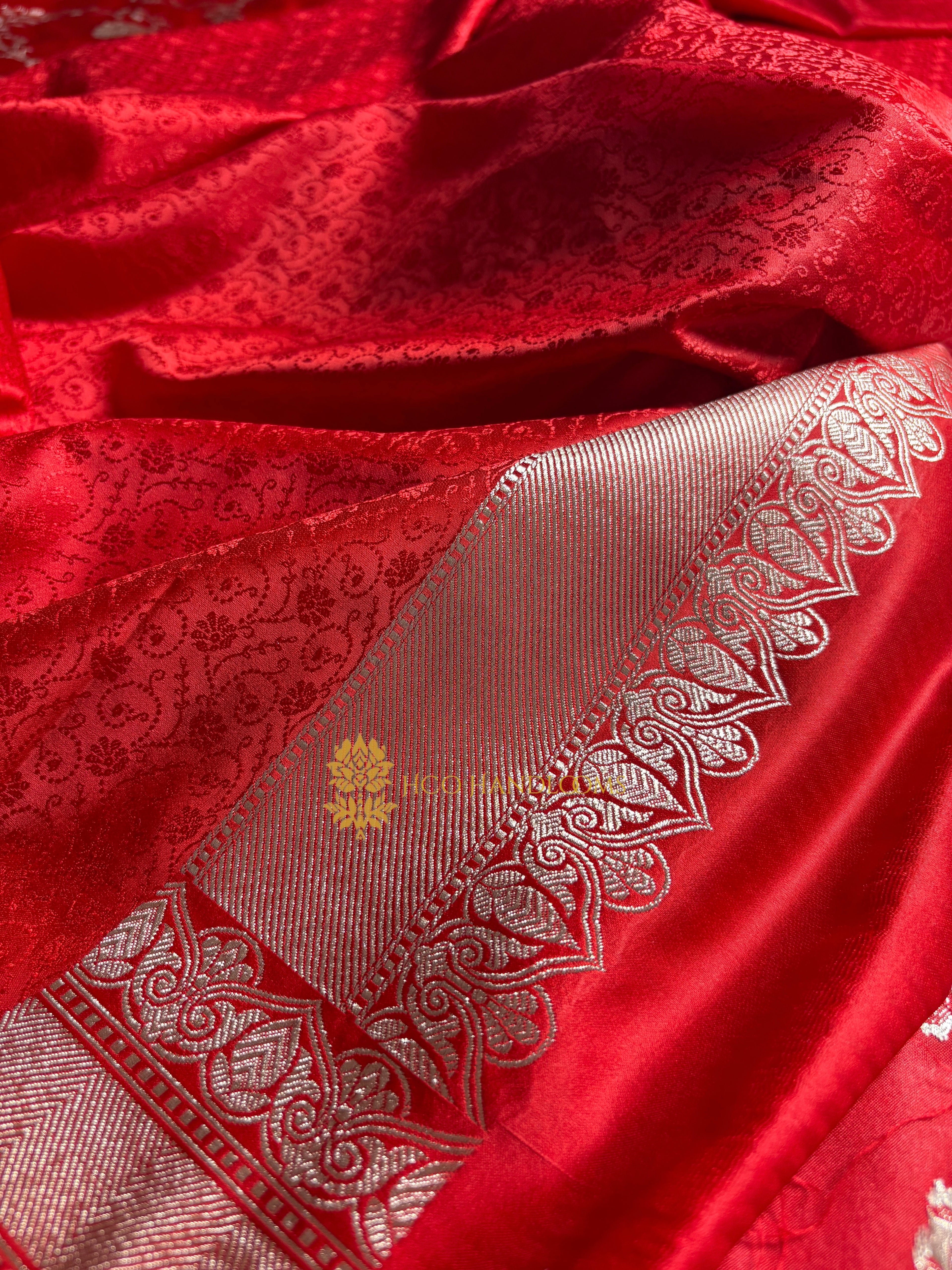 Red Premium Mashru Katan Silk Floral Jangla Banarasi Saree
