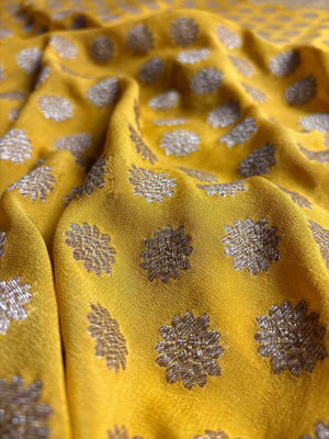 Yellow Pure Khaddi Georgette Silk Handloom Banarasi Saree - Antique Zari
