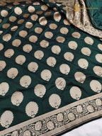 Bottle Green Pure Katan Silk Handloom Banarasi Saree - All Over Motifs