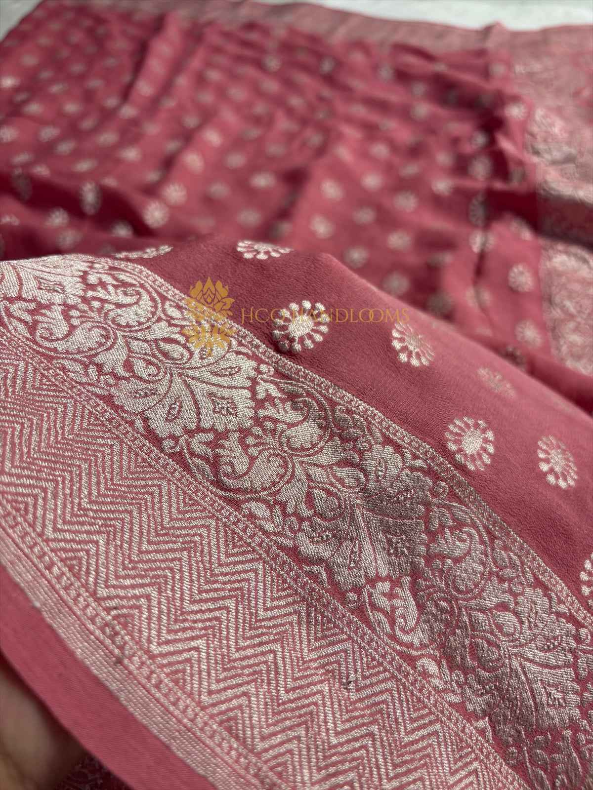 Onion Pink Pure Khaddi Georgette Silk Handloom Banarasi Saree - Water Zari