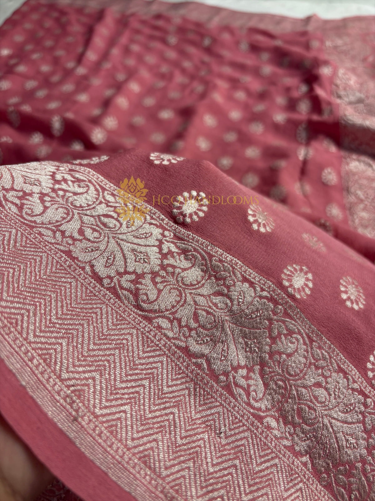 Onion Pink Pure Khaddi Georgette Silk Handloom Banarasi Saree - Water Zari