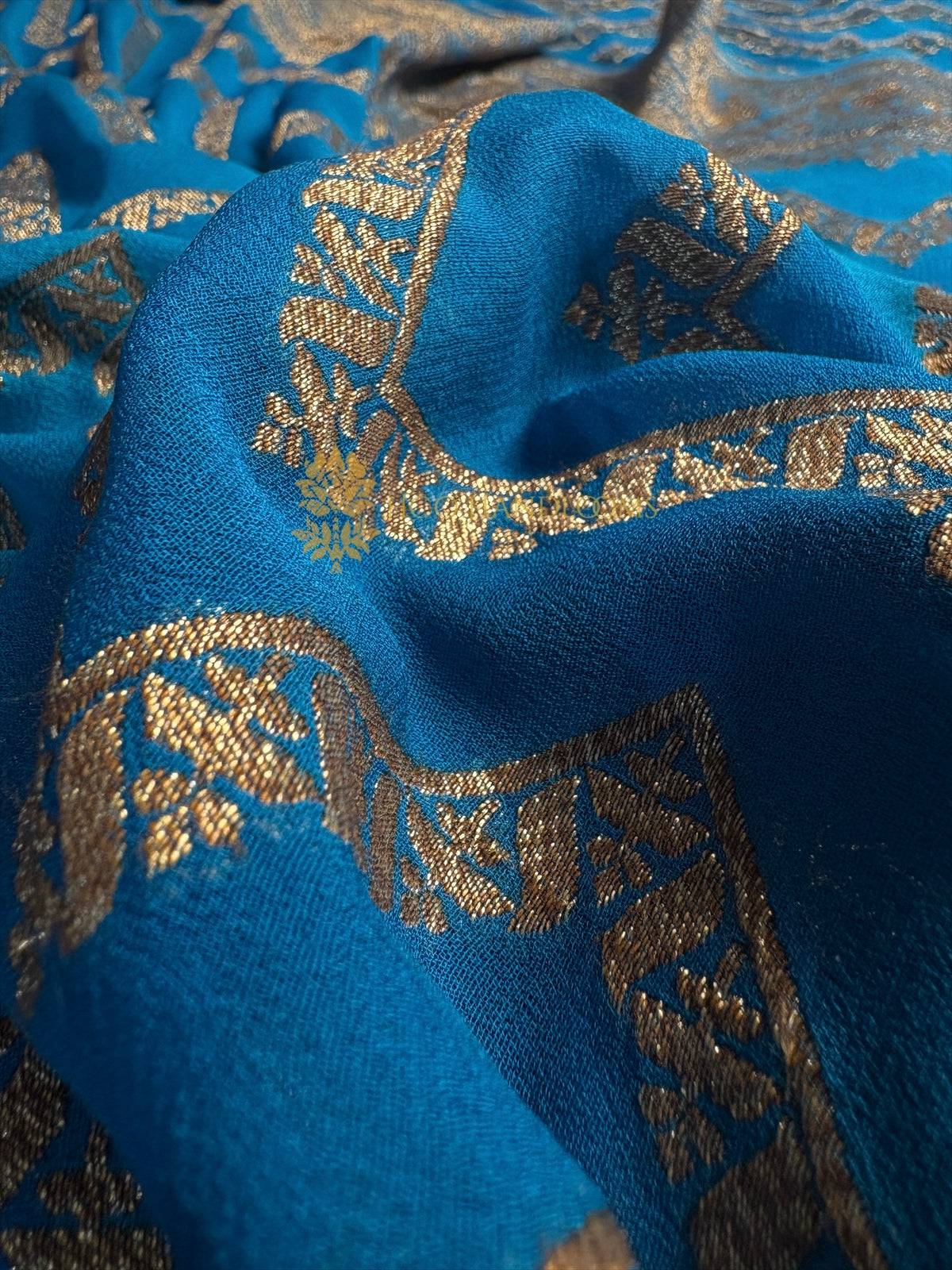 Firozi Pure Khaddi Georgette Handloom Banarasi Saree - Antique Zari