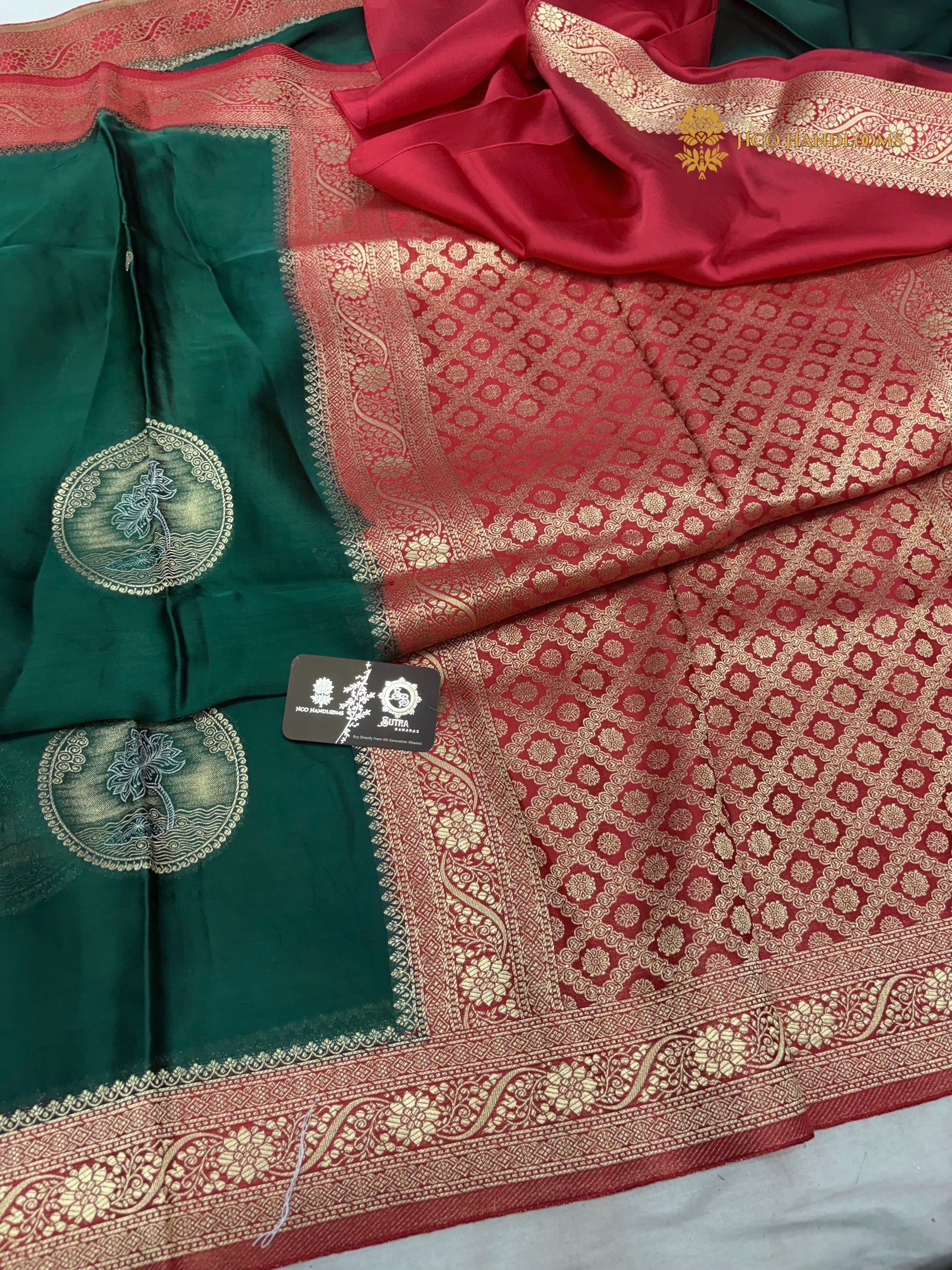Premium Mashru Crepe Silk Banarasi Saree - All Over Lotus Motifs