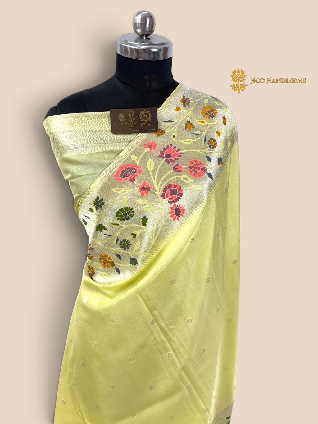 Pastel Lime Matka Tussar Silk Banarasi Saree - All Over Motifs & Paithani