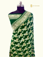 Bottle Green Pure Khaddi Georgette Silk Handloom Banarasi Saree - All Over Meenakari Jaal