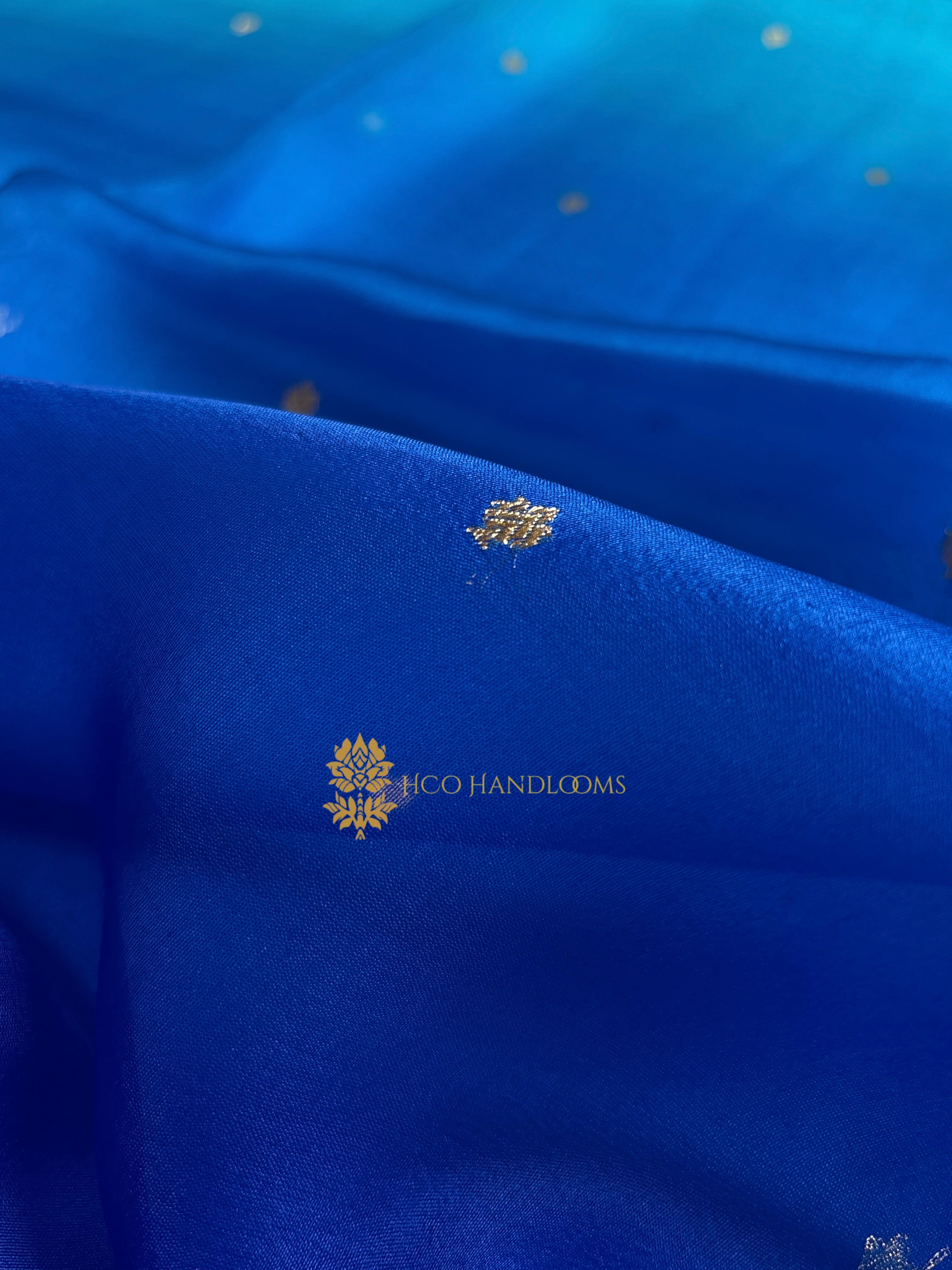 Light Blue Contrast Pure Kora Silk Handloom Banarasi Saree - All Over Kadhua Motifs