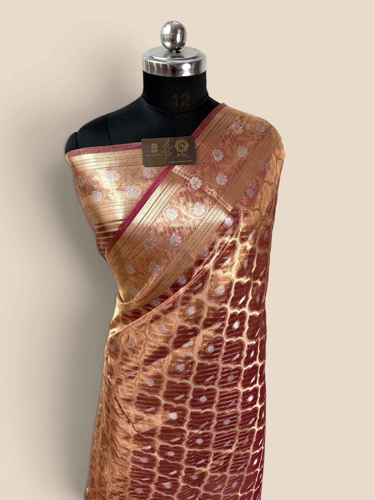 Copper Pure Tissue Silk Handloom Banarasi Saree - Jaal Motifs