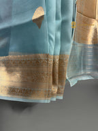 Regal Light Blue Pure Kora Silk Handloom Banrasi Saree - All Over Kadhua Motifs
