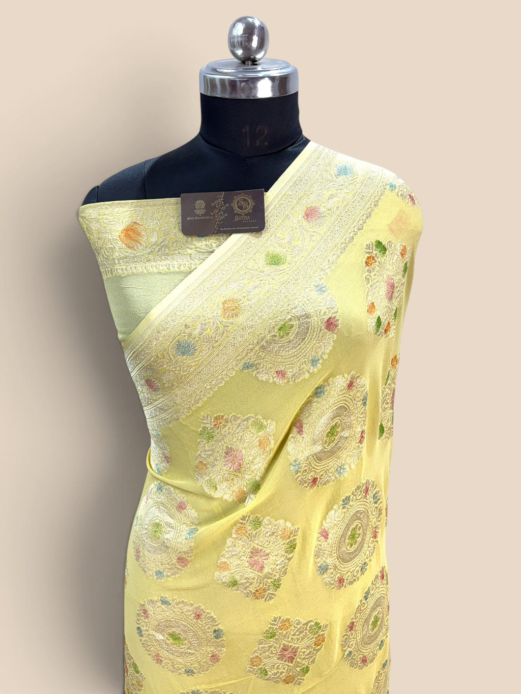 Yellow Pure Khaddi Georgette Silk handloom Banarasi Saree - Water Zari