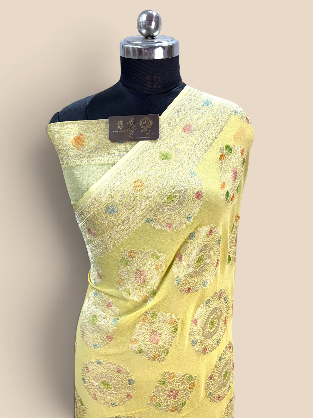 Yellow Pure Khaddi Georgette Silk handloom Banarasi Saree - Water Zari