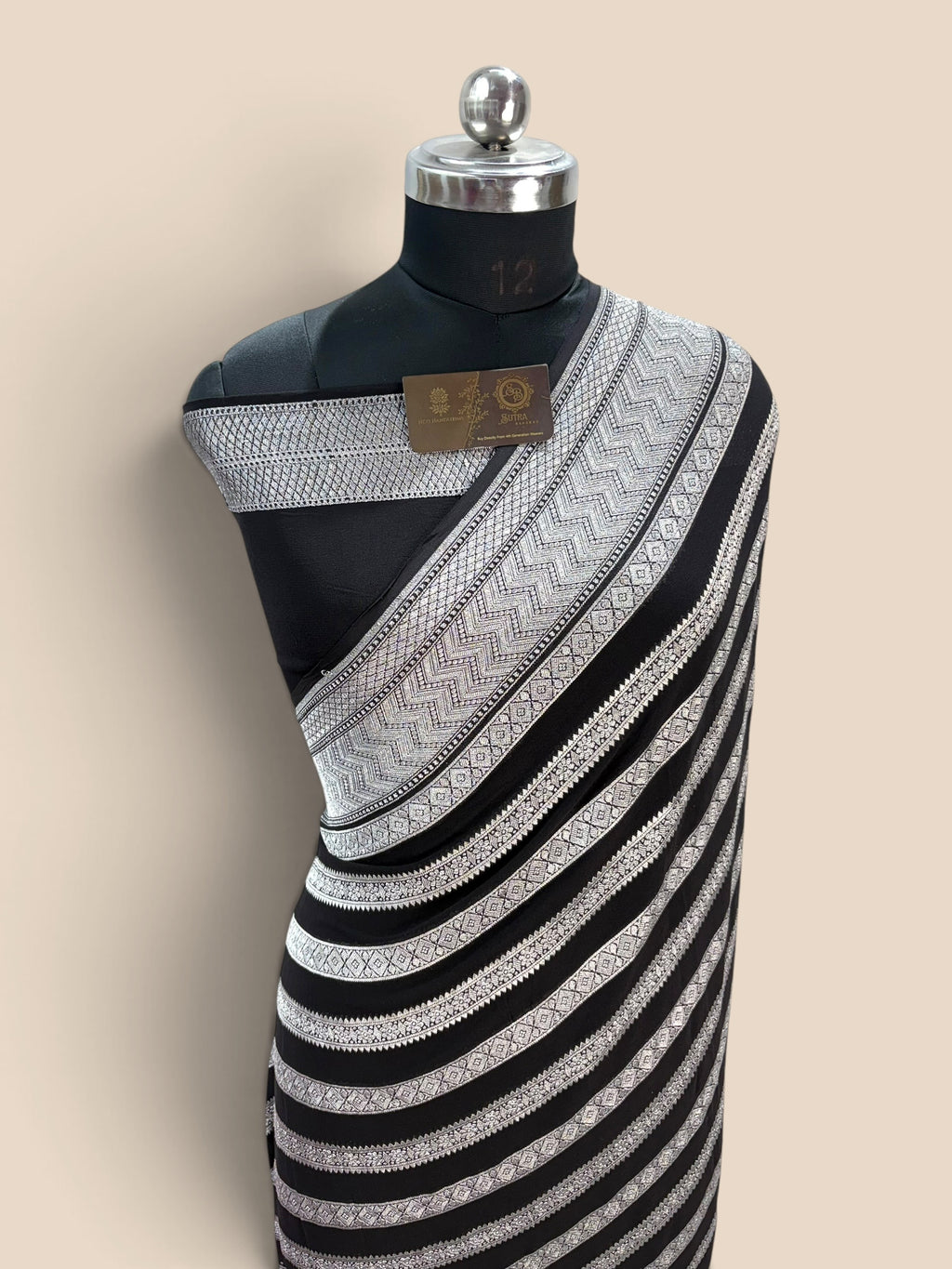 Black Pure Khaddi Georgette Silk handloom Banarasi Saree - Water Zari