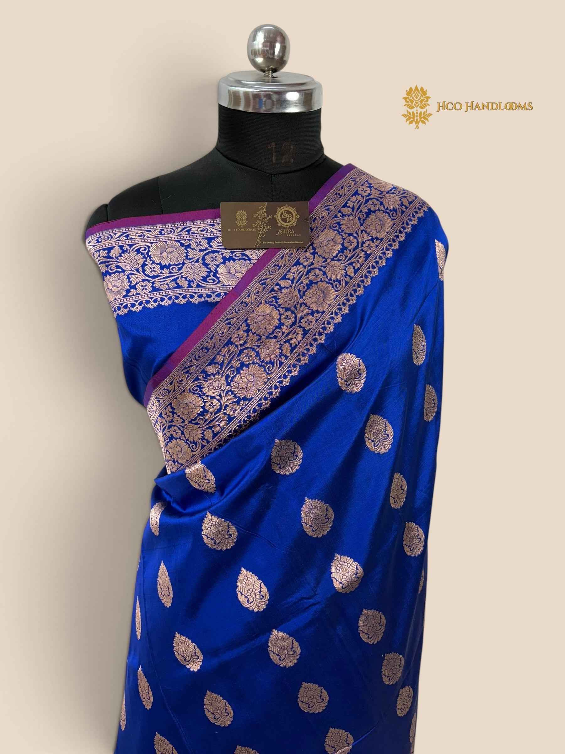 Royal Blue Pure Katan Silk Handloom banarasi saree - All Over Kadhua Motifs