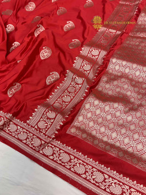 Red Premium Mashru Katan Silk Banarasi Saree - All Over Paisley Motifs