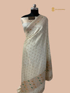 Regal Ivory Premium Mashru katan SIlk Banarasi Saree - All Over Stripe With Meenakari Skirt