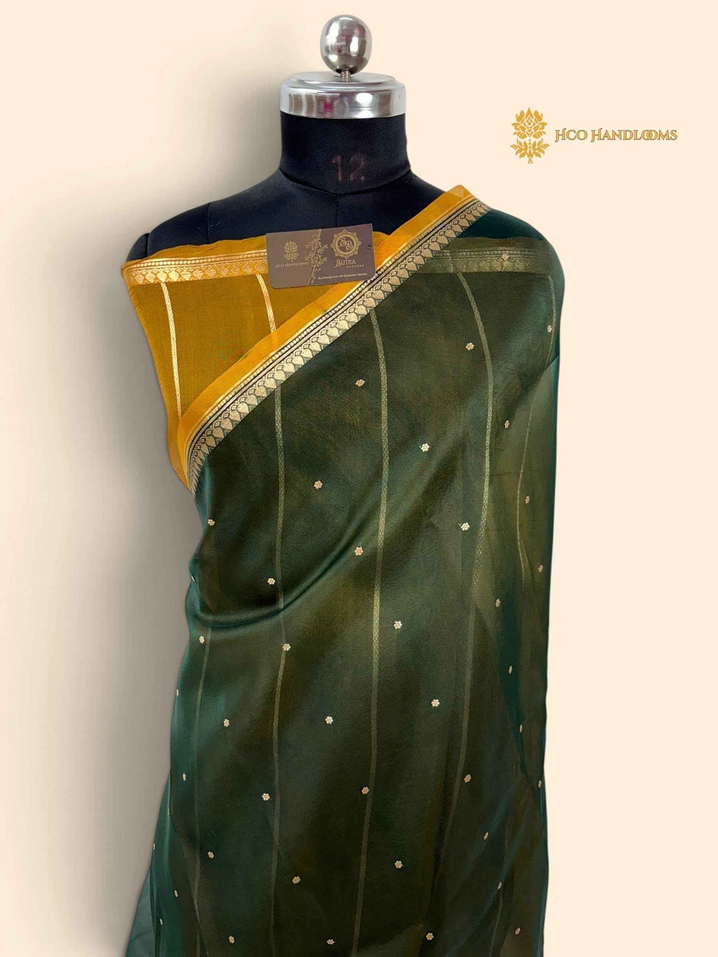 Bottle Green Pure Kora Silk Handloom Banarasi Saree - All Over Small Buti
