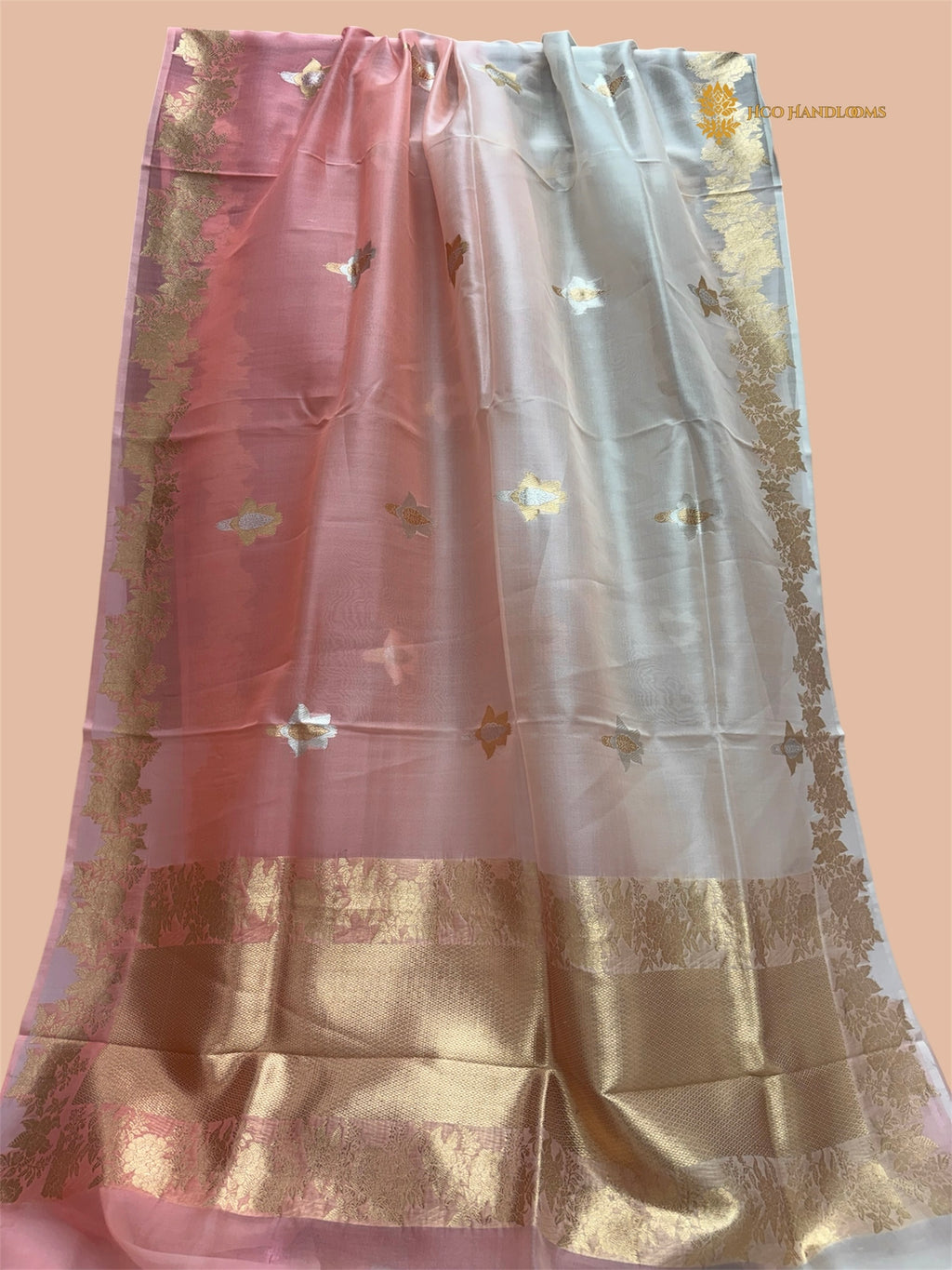 Half Ivory & Half Light Pink Pure Kora Silk Handloom Banarasi Saree - All Over Sona & Roopa Kadua Motifs