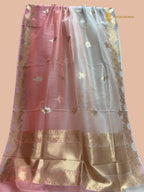 Half Ivory & Half Light Pink Pure Kora Silk Handloom Banarasi Saree - All Over Sona & Roopa Kadua Motifs