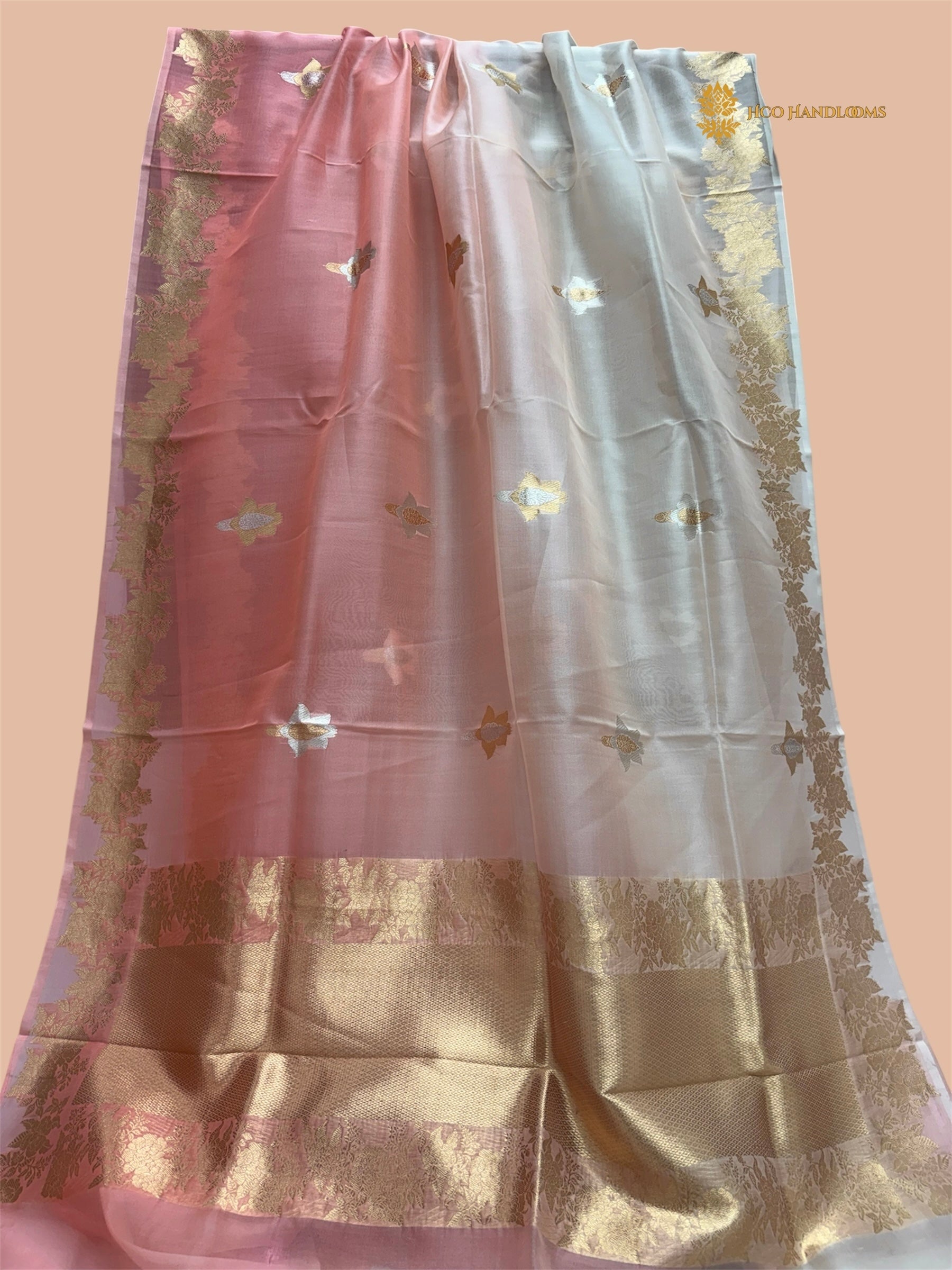 Half Ivory & Half Light Pink Pure Kora Silk Handloom Banarasi Saree - All Over Sona & Roopa Kadua Motifs