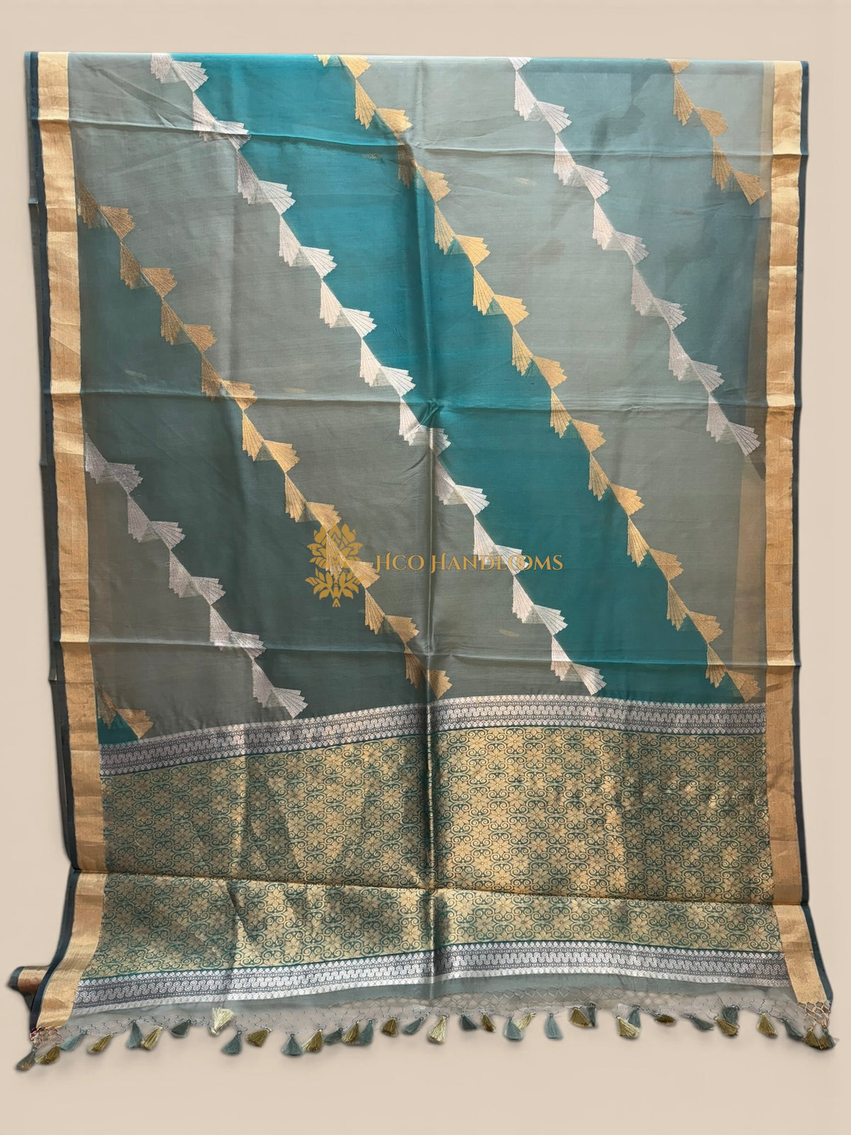 Pure Kora Silk Handloom Banarasi Saree - All Over Lahariya Rangkat