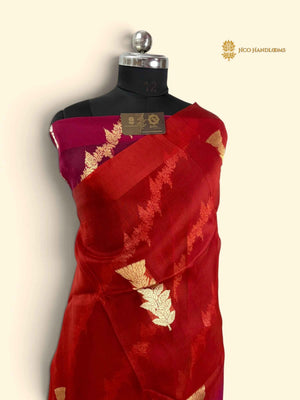 Wine & Red Pure Kora Silk Handloom Banarasi Saree - All Over Kadhua Buta
