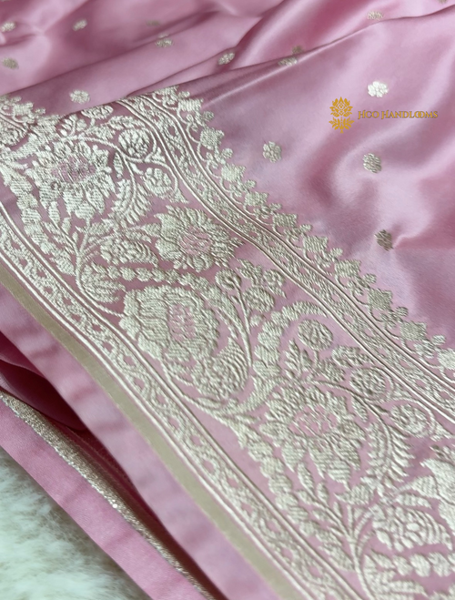 Baby Pink Premium Mashru Katan Silk Banarasi saree - Small Motifs