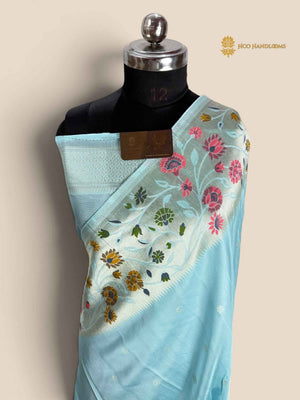 Light Blue Matka Tussar Silk Banarasi Saree - All Over Motifs & Paithani