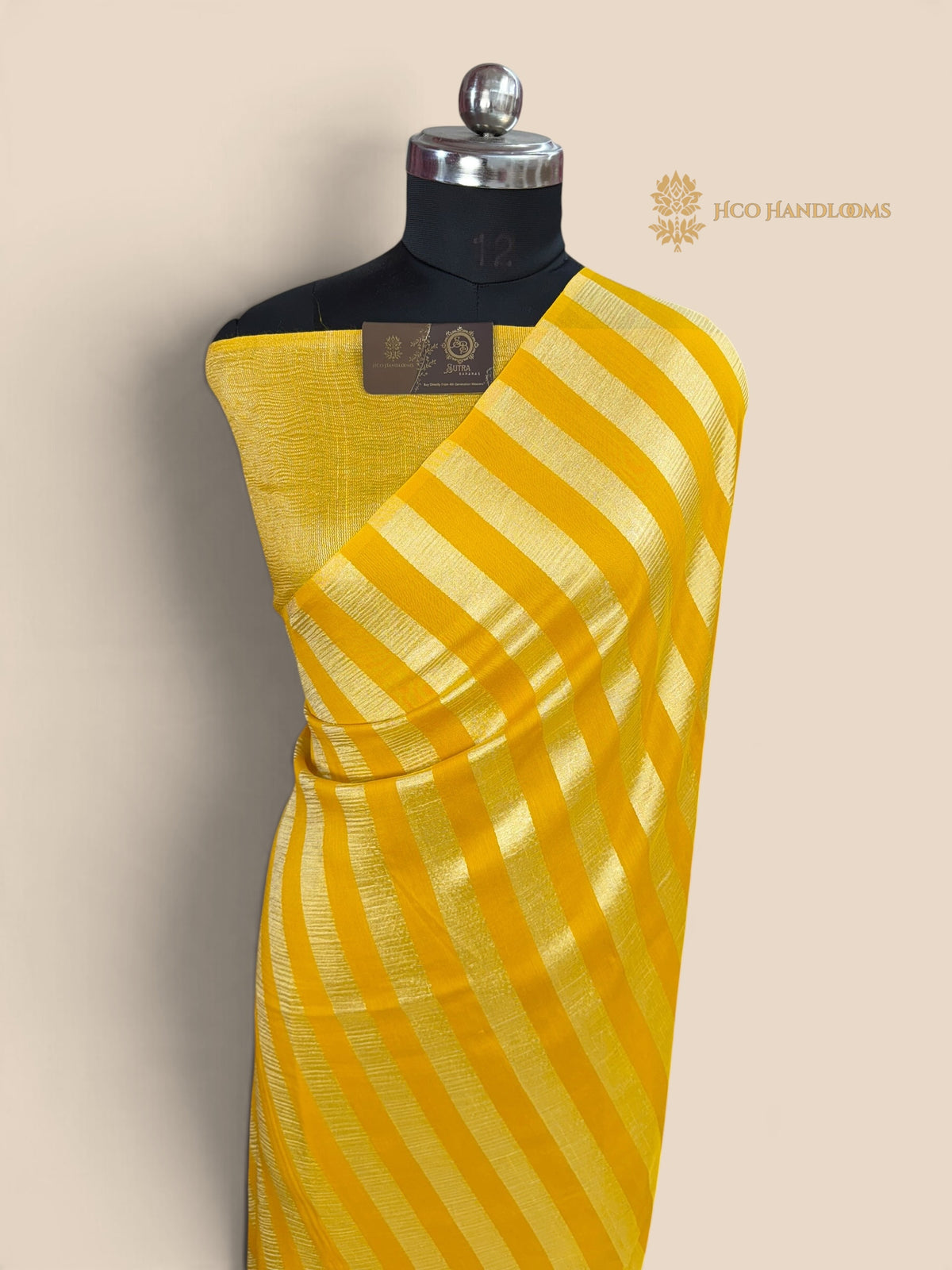 Yellow Pure Moonga Silk Handloom Banarasi Saree - All Over Stripes