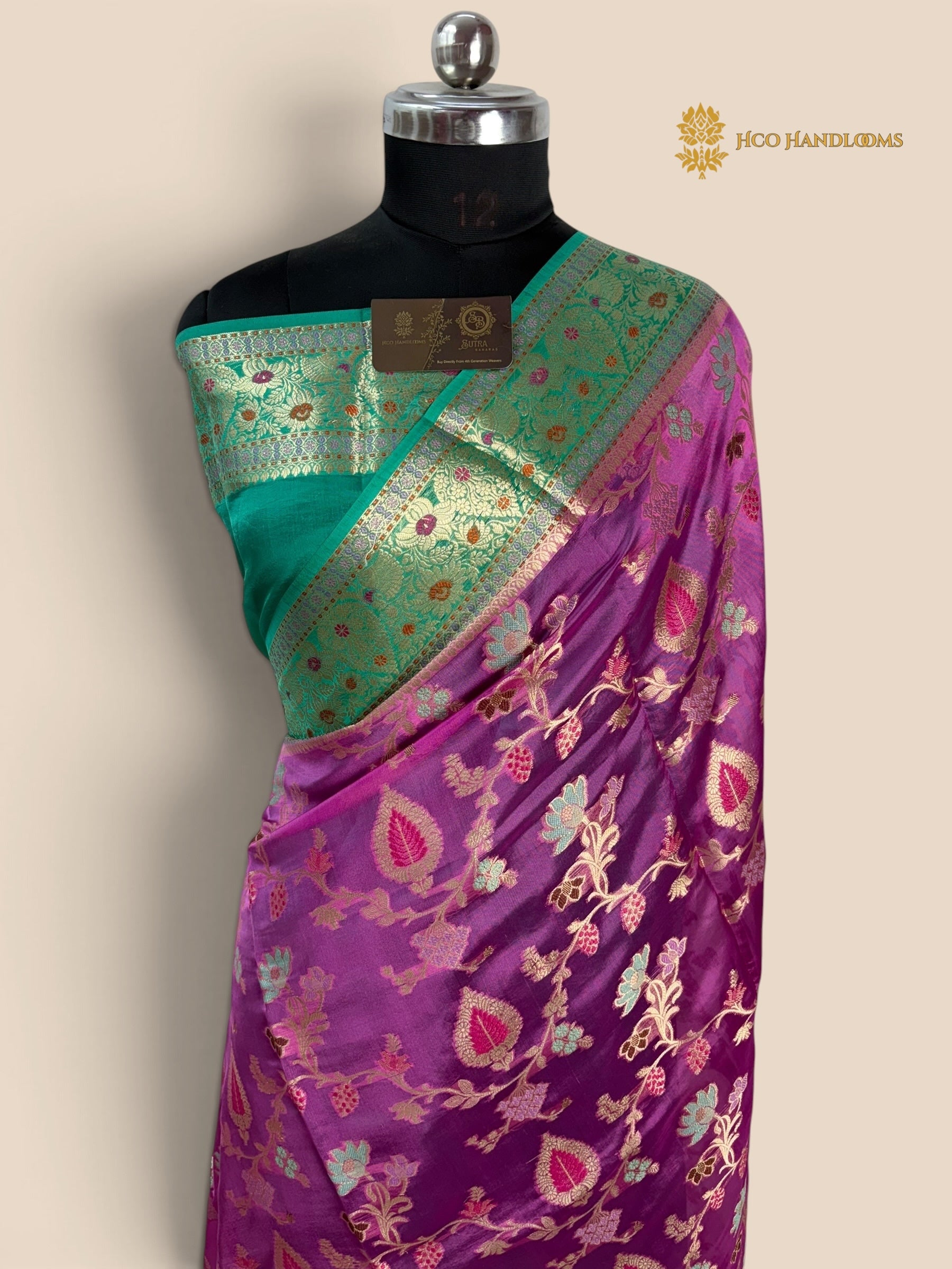 Contrast Pure Mango Katan Silk Banarasi Saree - All Over Meenakari Jaal
