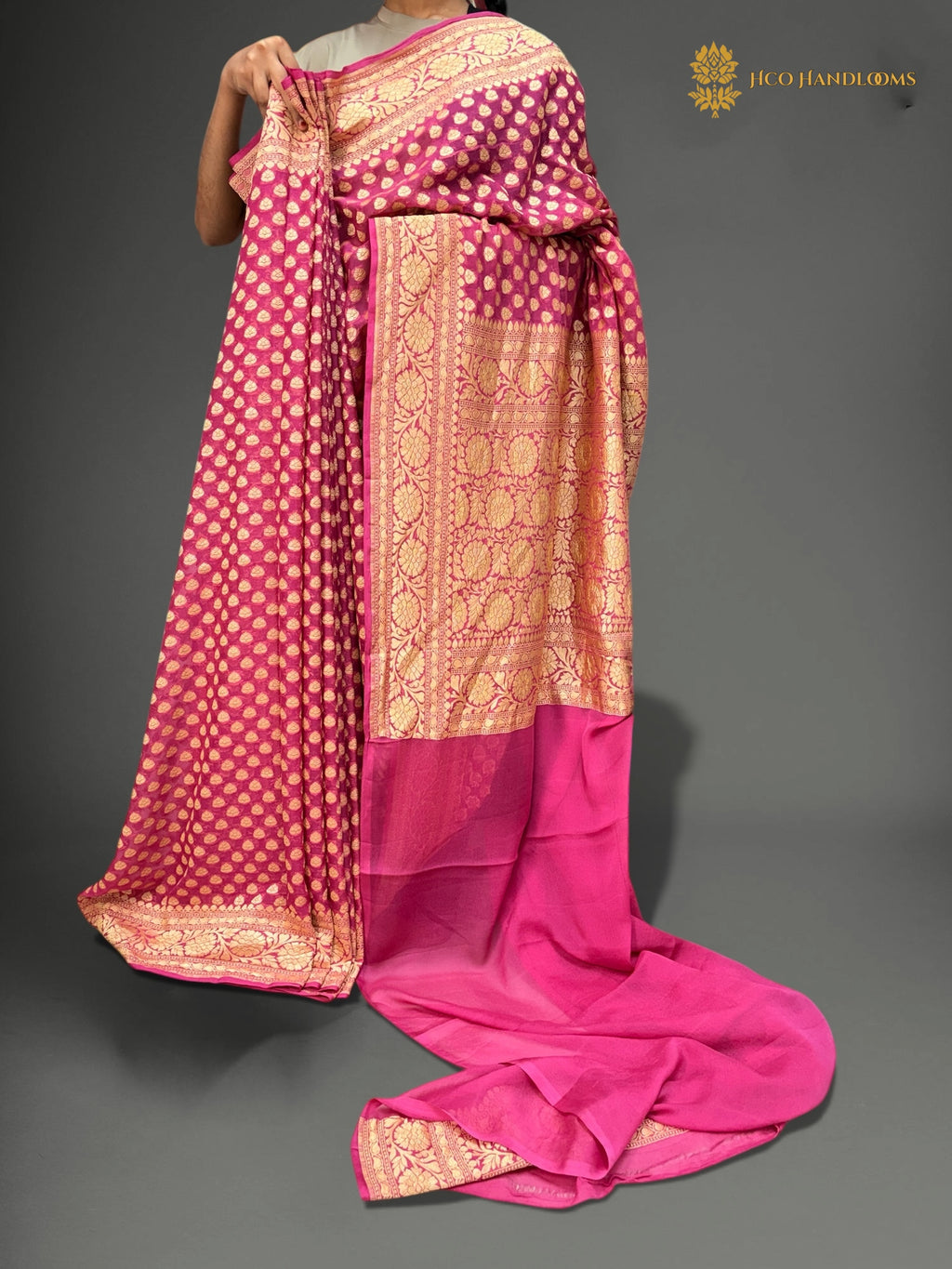 Carrot Pink Pure Khaddi Georgette Silk Handloom Banarasi Saree - Gold Zari
