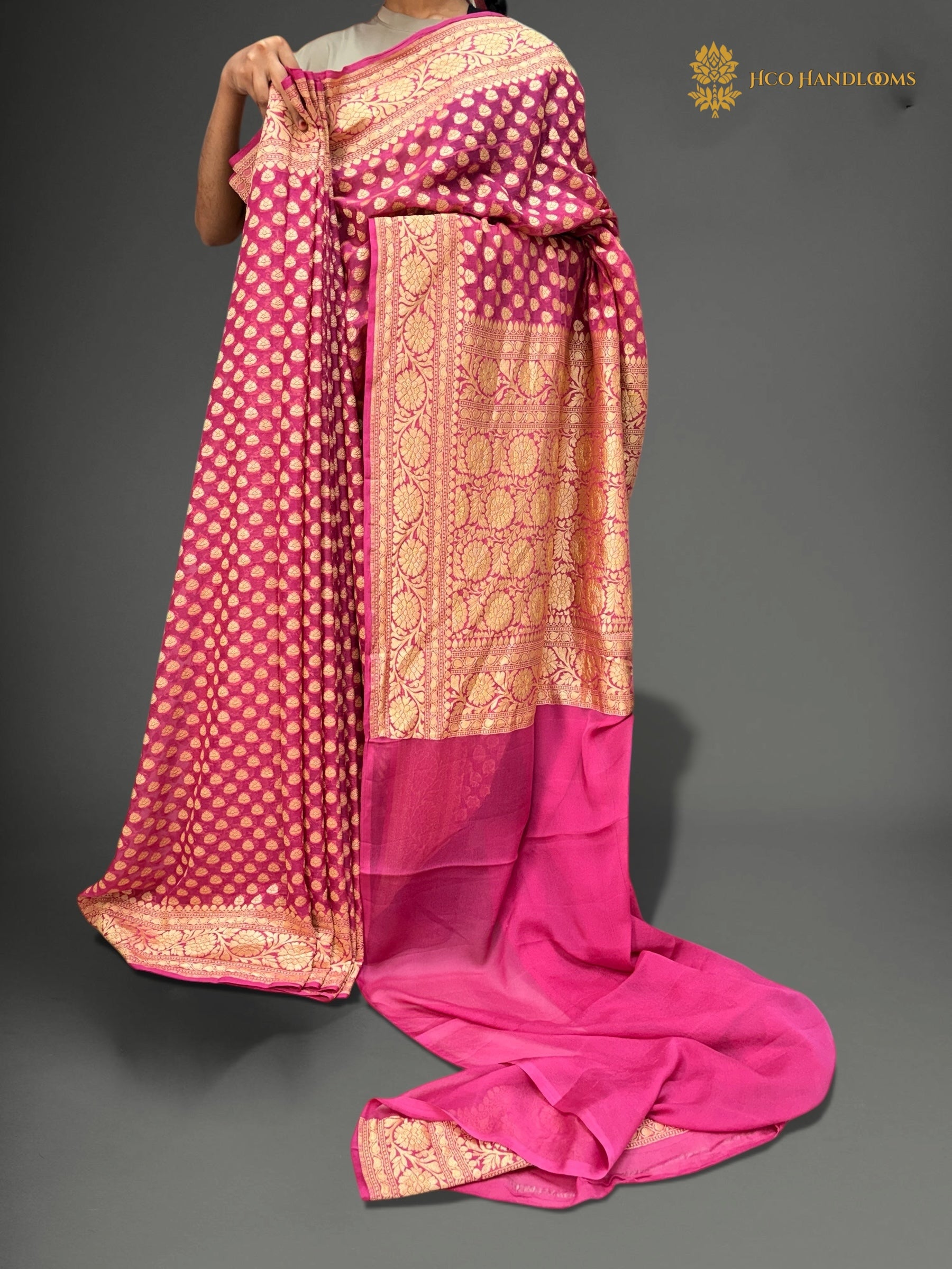 Carrot Pink Pure Khaddi Georgette Silk Handloom Banarasi Saree - Gold Zari