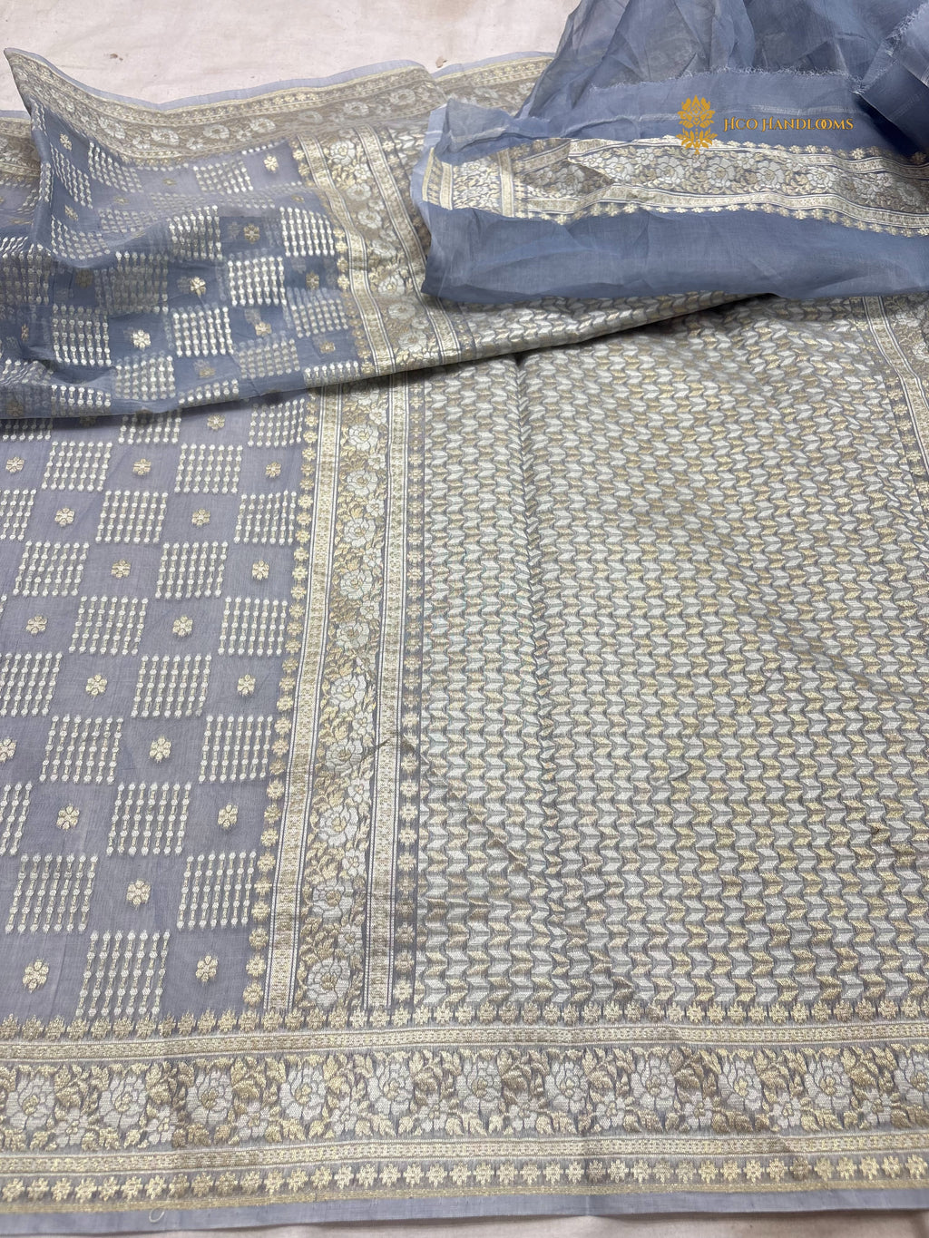 Pastel Blue Premium Cotton Jamdani Banarasi Saree - All Over Jaal