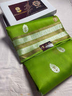 Green Pure Kora Silk Handloom Banarasi Saree - All Over Kadhua Motifs