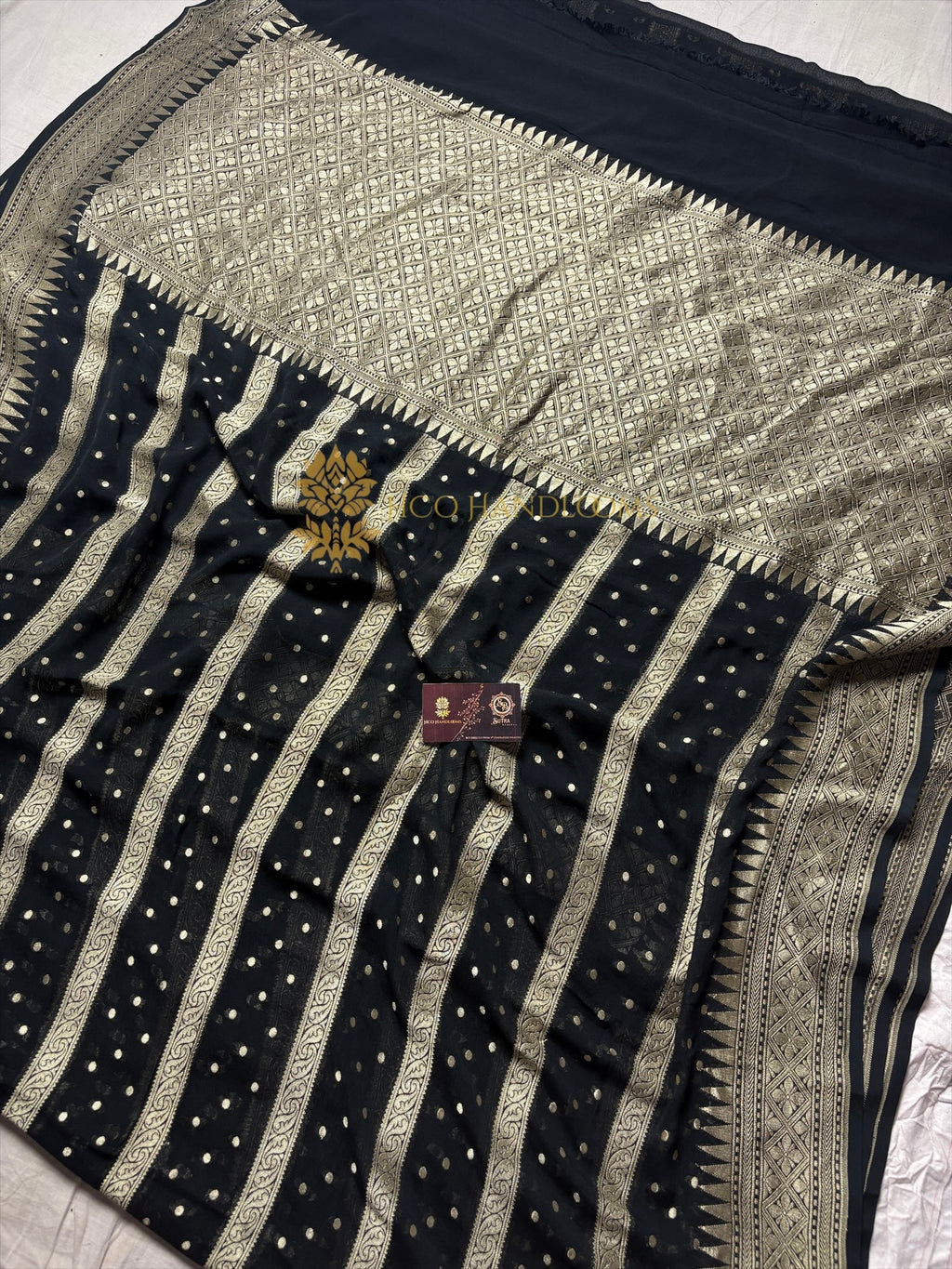 Jet black Pure Khaddi Georgette Silk Handloom Banarasi Saree - Water Zari
