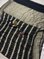 Jet black Pure Khaddi Georgette Silk Handloom Banarasi Saree - Water Zari