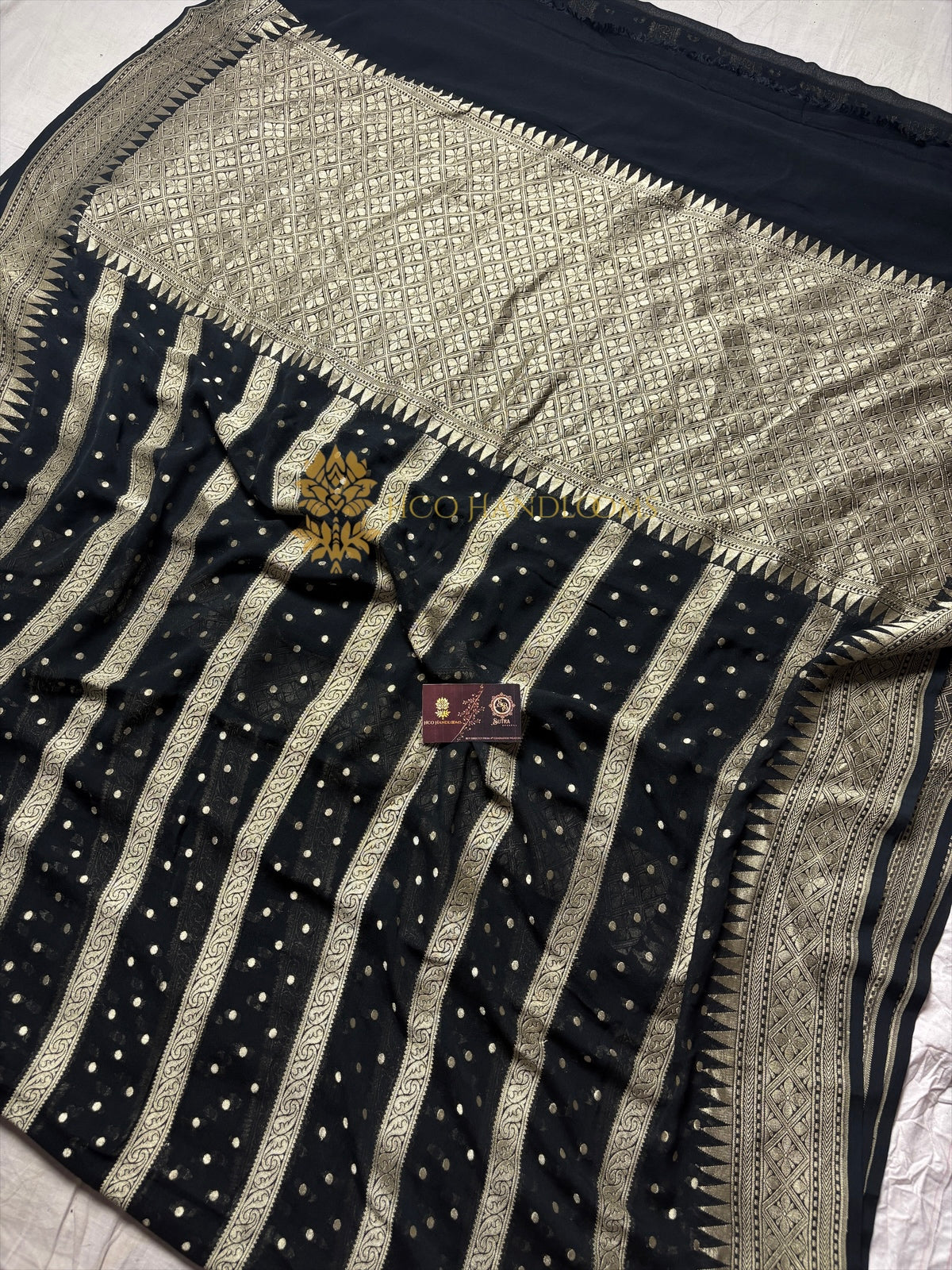 Jet black Pure Khaddi Georgette Silk Handloom Banarasi Saree - Water Zari