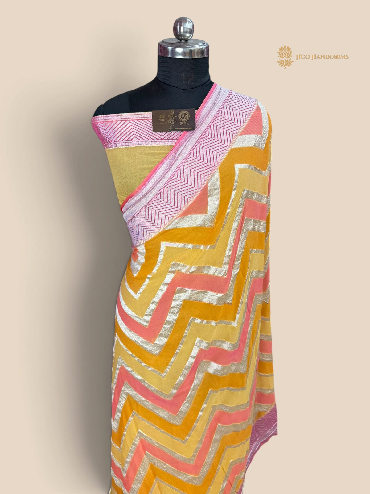Rangkat Pure Khaddi Georgette Handloom Banarasi Saree - Zig-Zag Pattern