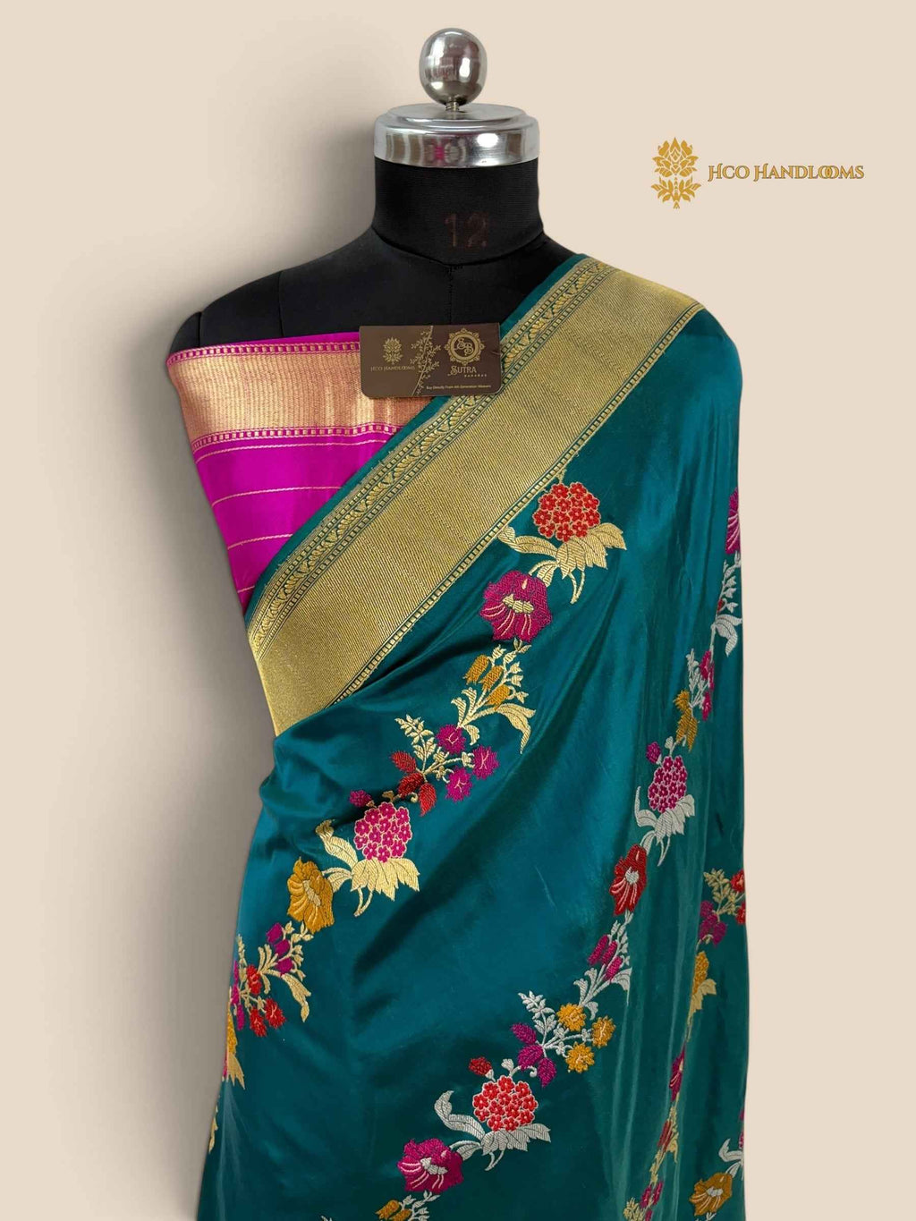 Teal Green Pure Katan Silk Handloom Banarasi Saree - All Over Meenakari Aada