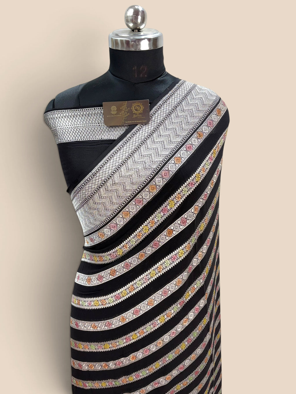 Black Pure Khaddi Georgette Silk handloom Banarasi Saree - Water Zari
