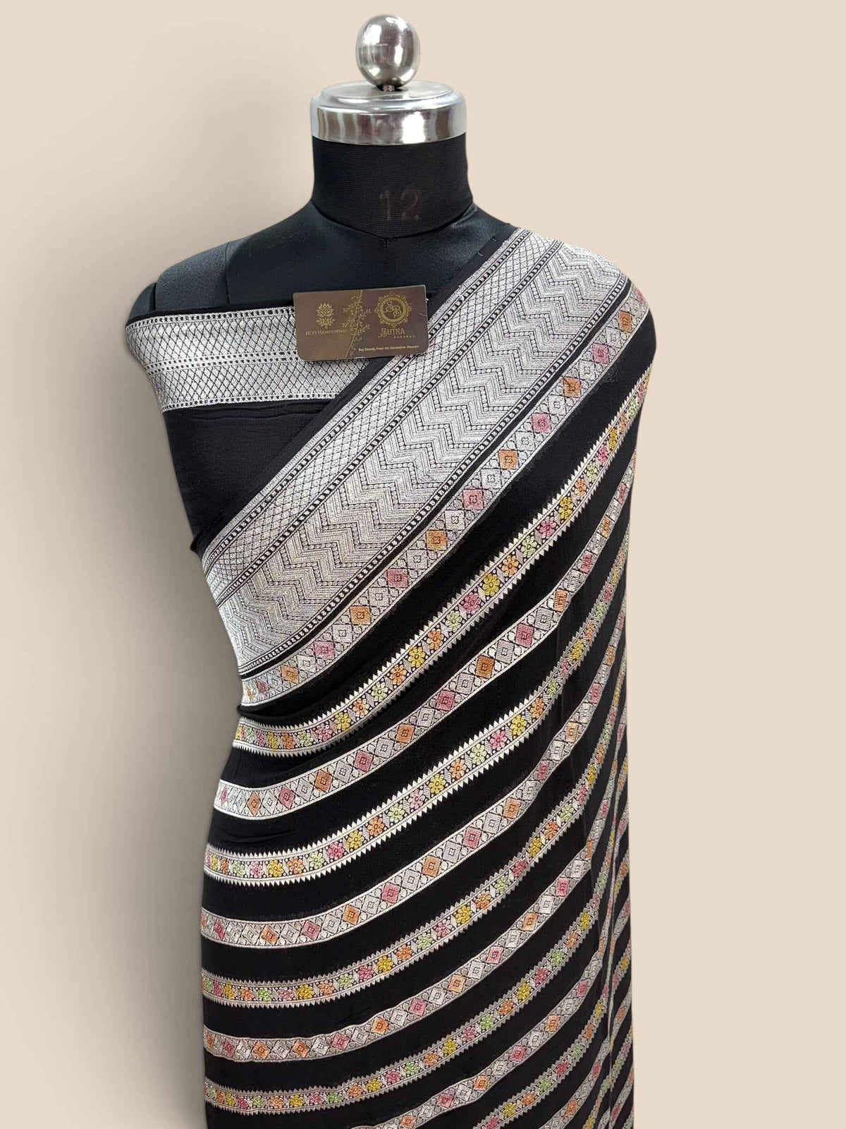 Black Pure Khaddi Georgette Silk handloom Banarasi Saree - Water Zari