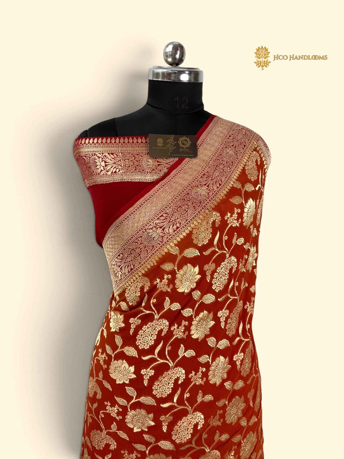 Orange & Red Pure Khaddi Georgette Silk Handloom Banarasi Saree