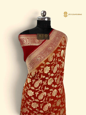 Orange & Red Pure Khaddi Georgette Silk Handloom Banarasi Saree